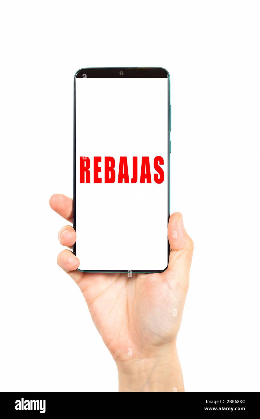 Word-Rabatt auf ein Smartphone auf einem weißen Hintergrund. Rebajas ist Rabatt in englisch Stockfoto