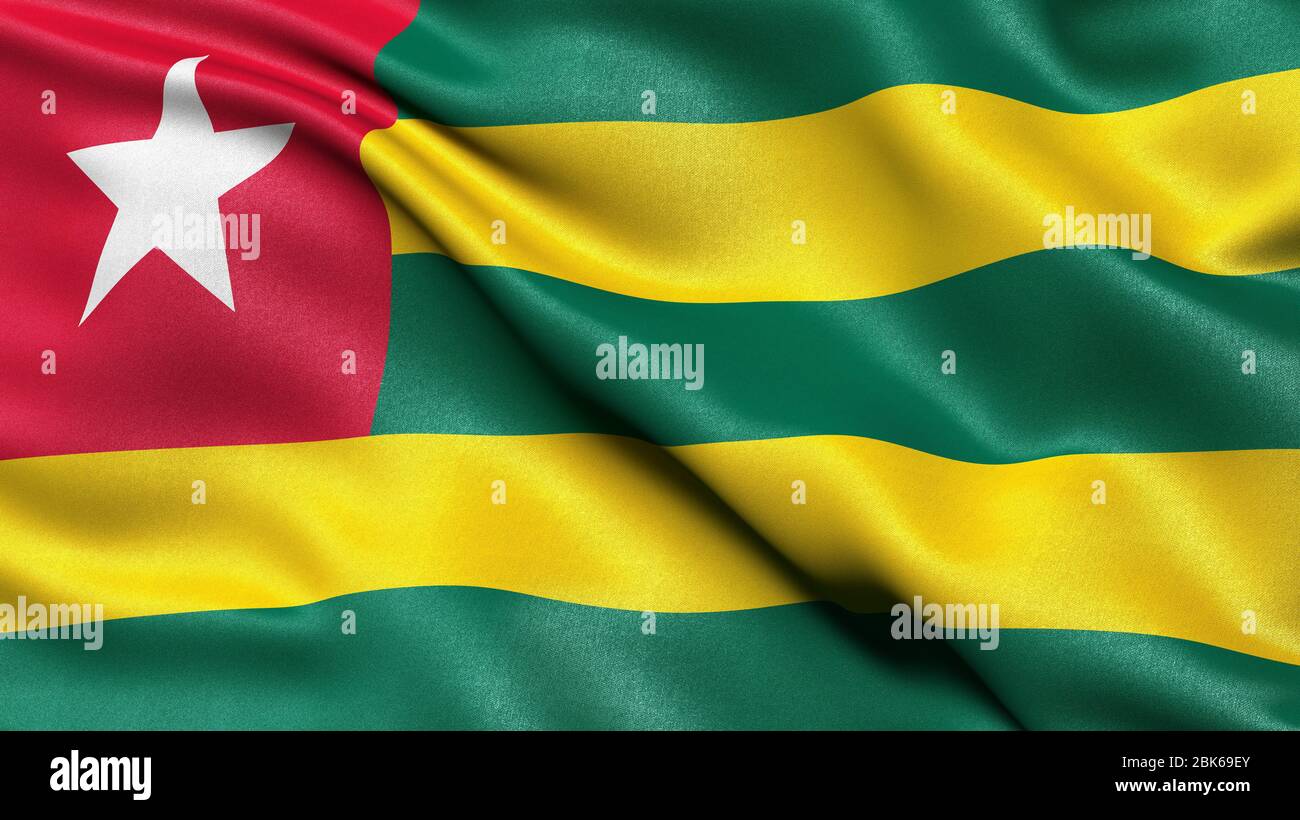 3D-Darstellung der Flagge von Togo, die im Wind winkt. Stockfoto