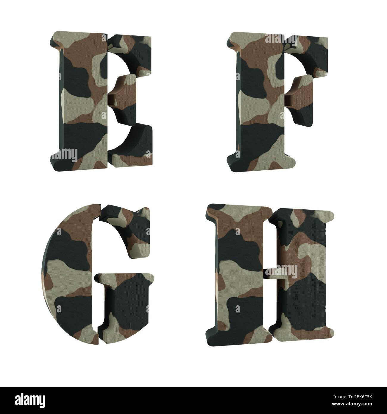 Satz von 3D Großbuchstaben Camouflage Alphabet - Buchstaben E-H Stockfoto