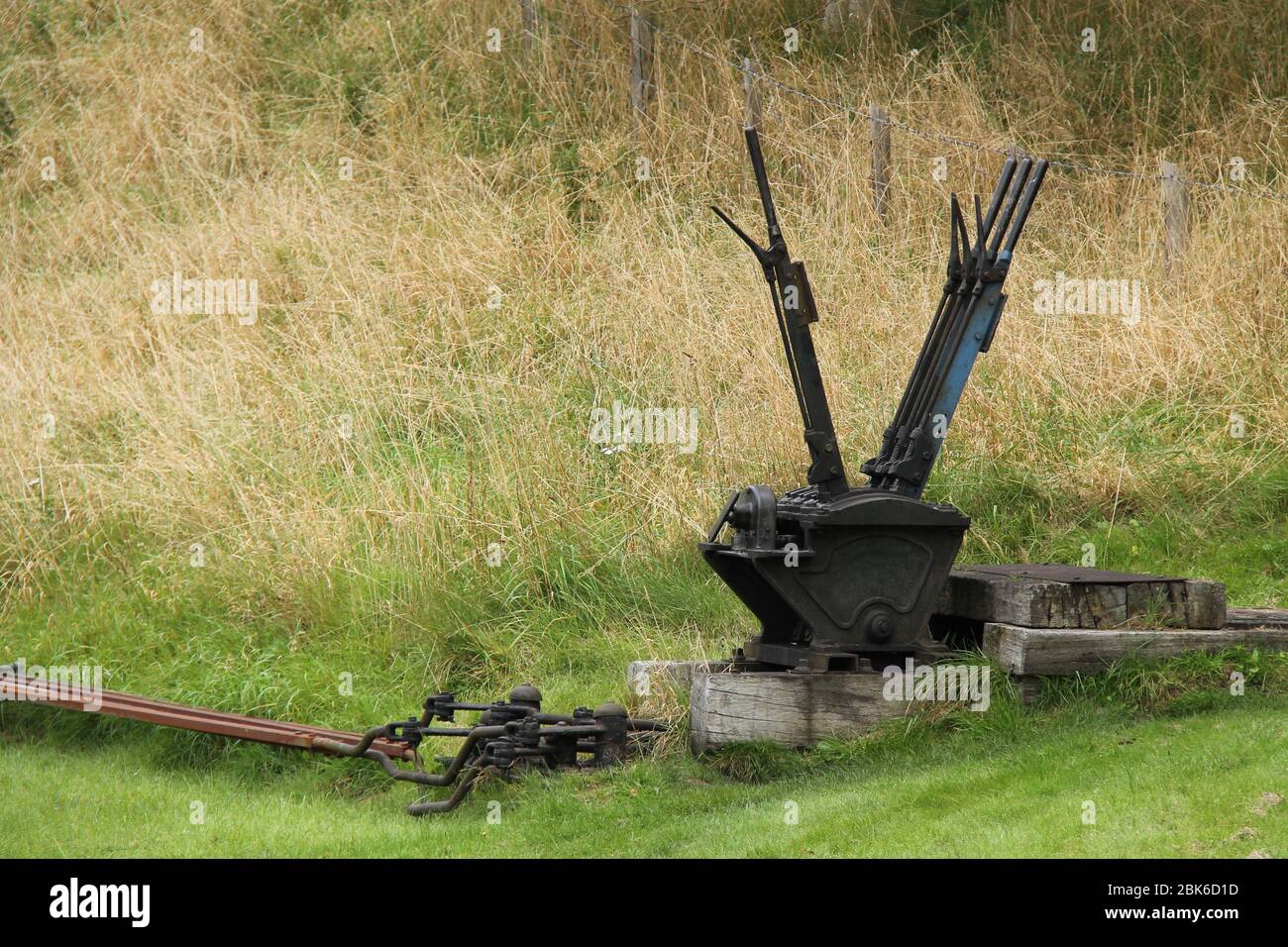 Die Hebel zum Betrieb von Bahnzugspunkten und -Signalen. Stockfoto