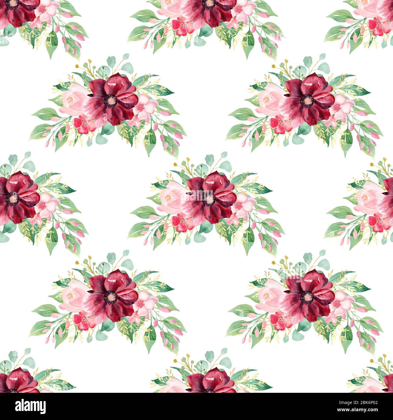 Aquarell nahtlose Muster floralen Bouquet Clipart. Burgunder und rosa Blüten. Handgezeichnetes Digitalpapier. Grüne Illustration. Stockfoto