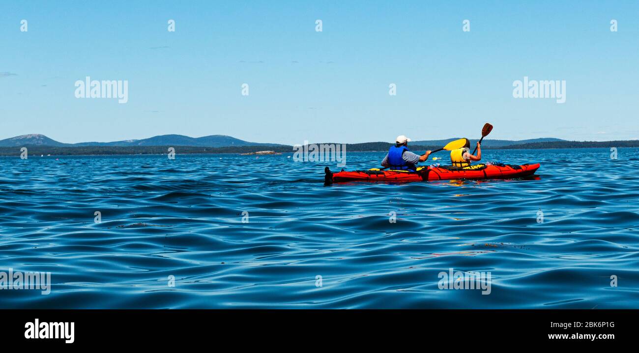 Zwei Personen, die alleine im blauen Wasser des Frenchmans Bay Bar Harbor Kajak fahren. Stockfoto