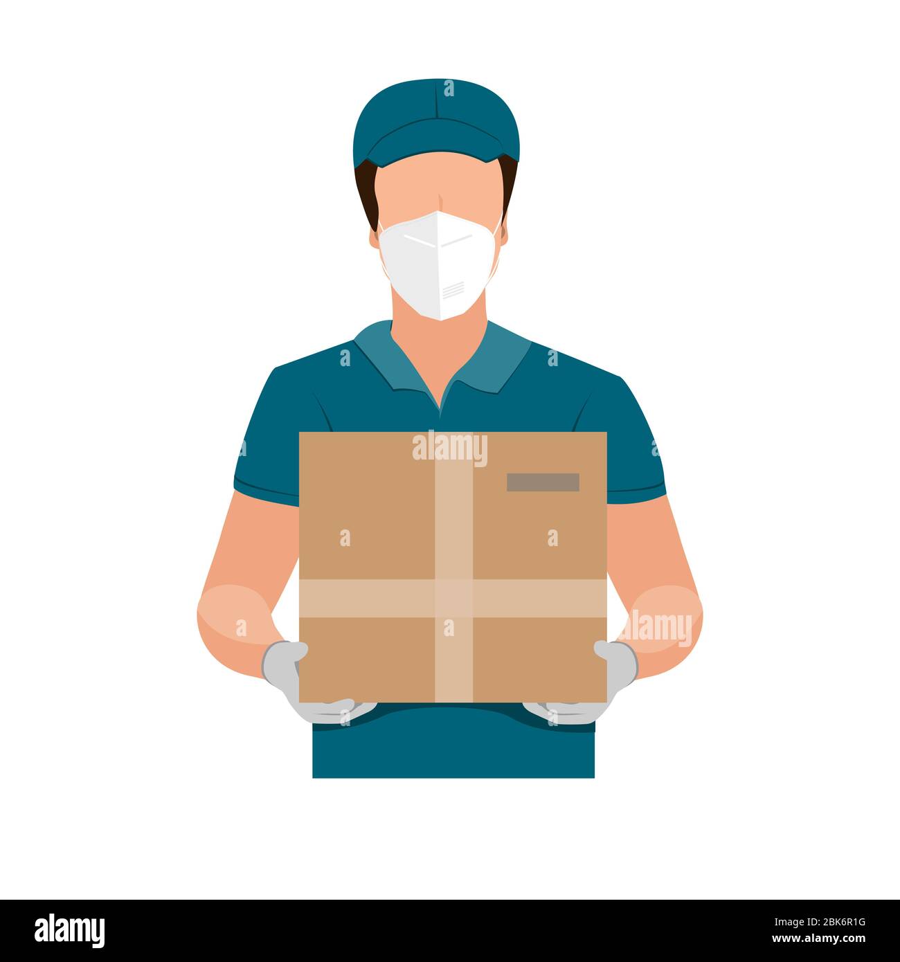 Lieferung von Waren während der Prävention von Coronovirus, Covid-19. Kurier in einer Gesichtsmaske mit einer Schachtel in den Händen. Vektor flache Abbildung Stock Vektor