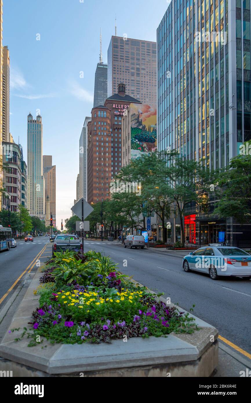 Blick auf den frühen Morgenverkehr auf der North Michigan Avenue, Chicago, Illinois, USA, Nordamerika Stockfoto