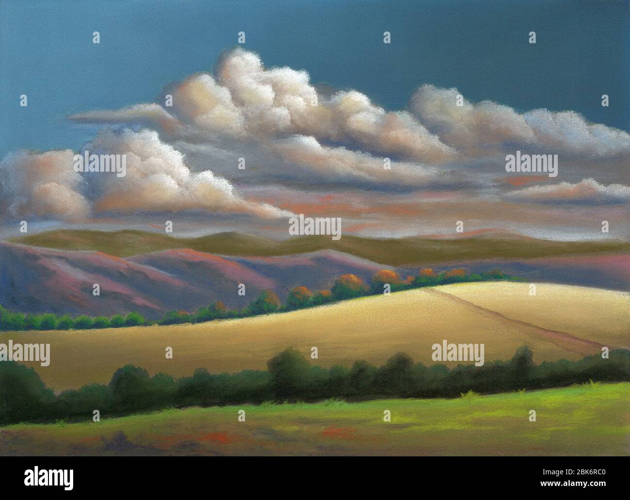 Landschaft in der Dämmerung mit einer hellen Wolkenformation. Pastellmalerei auf geschliffener Papier. Stockfoto