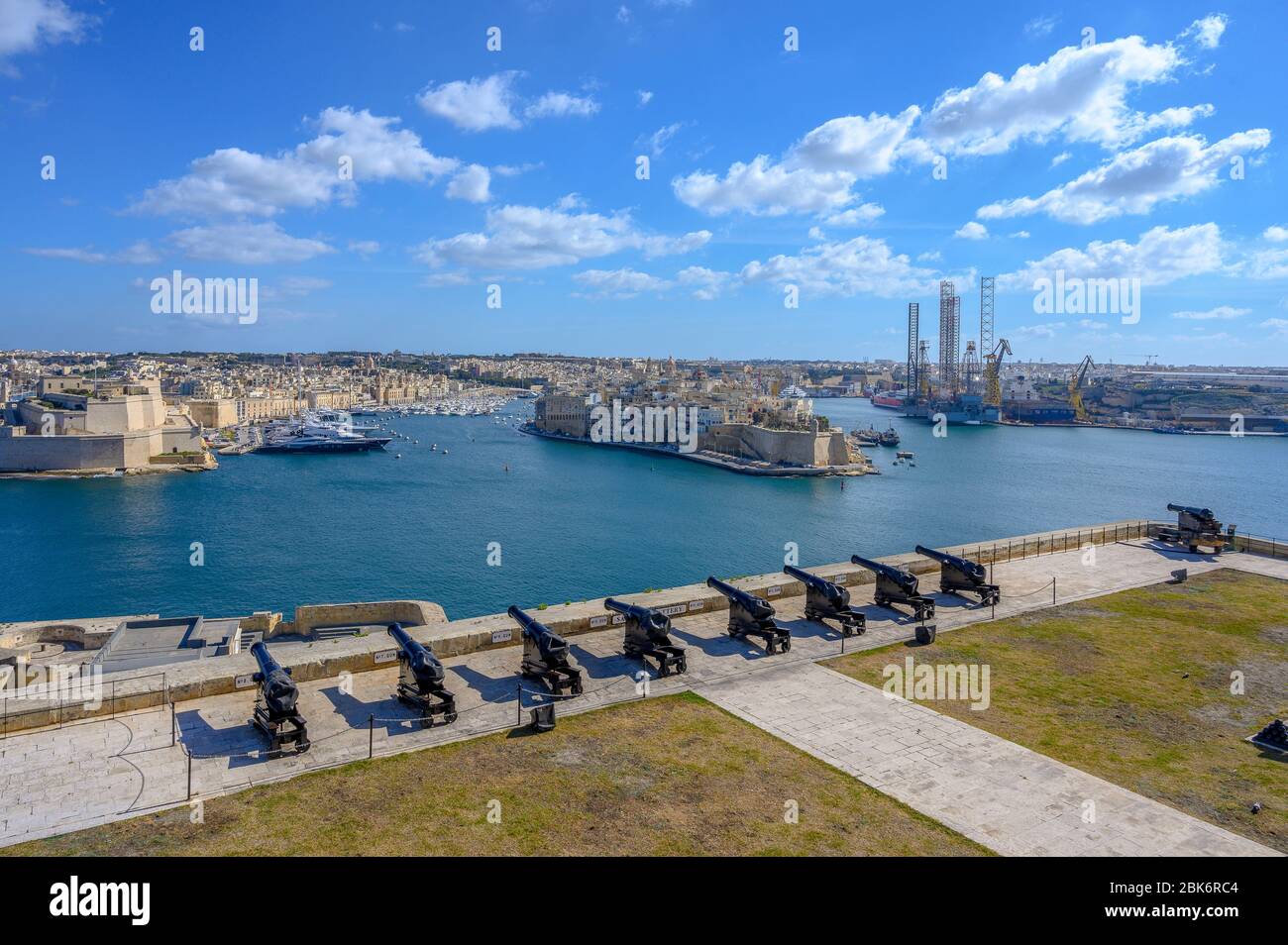 Ansicht der 3 Städte von der Salutakku in Valletta, Malta. Stockfoto