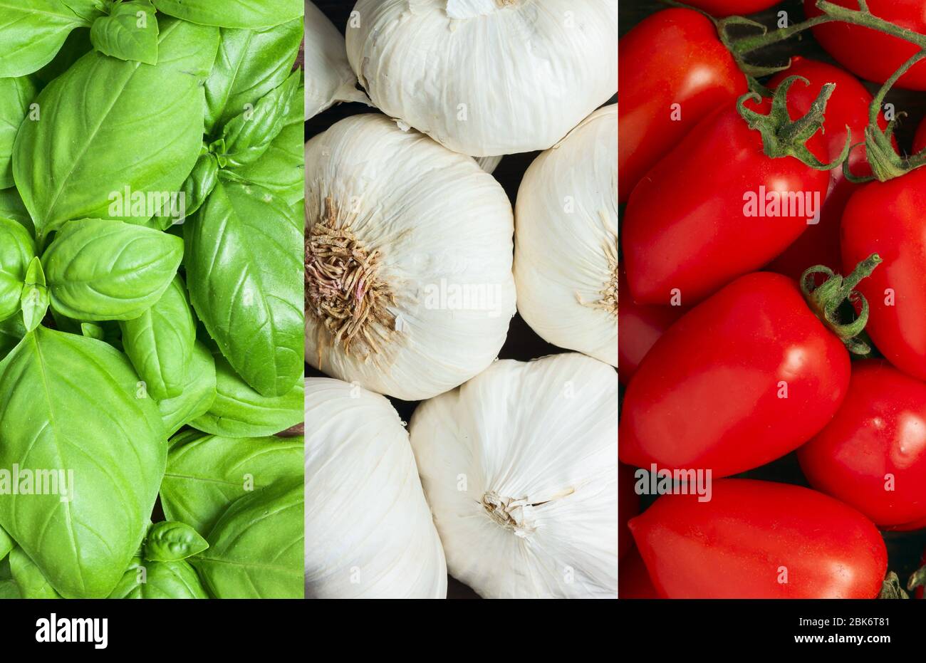 Italienische Flagge von italienischen Lebensmitteln Zutaten: basilikum, Knoblauch, Tomaten. Stockfoto