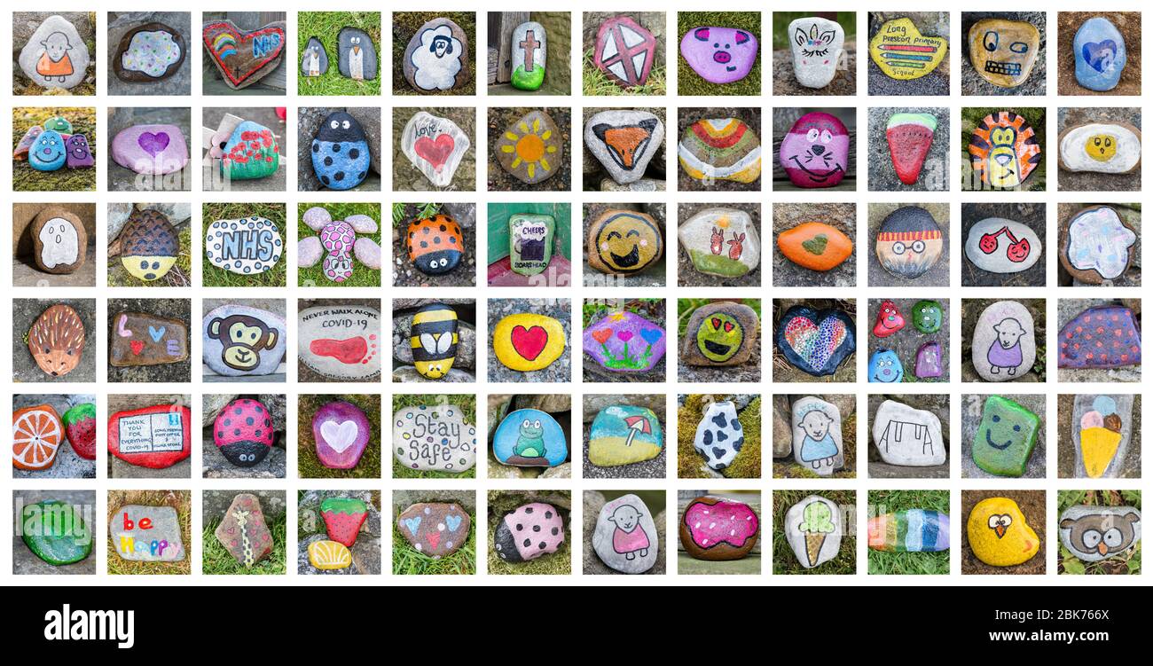 Handbemalte Steine in Long Preston Stockfoto