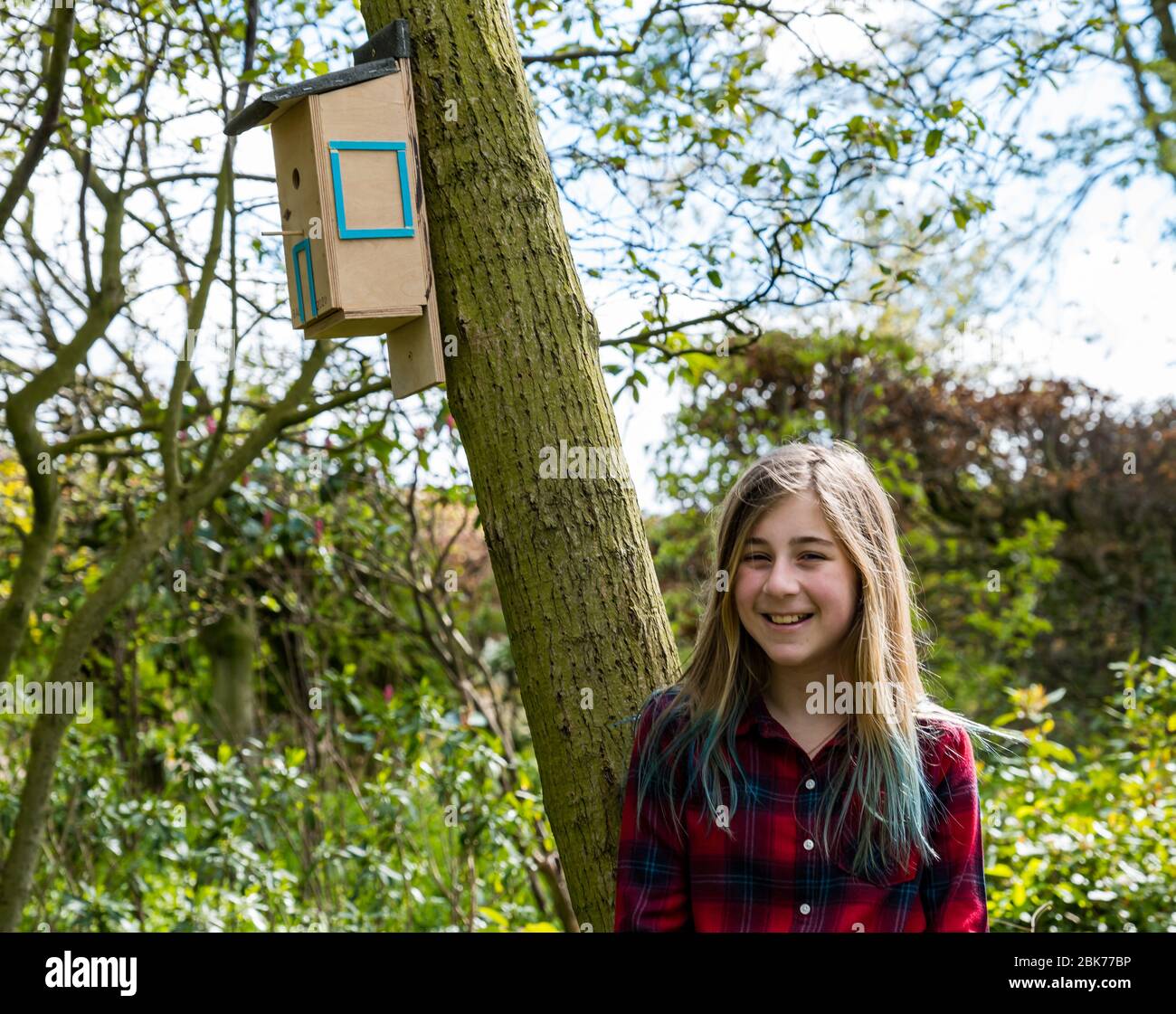 Camptoun, East Lothian, Schottland, Vereinigtes Königreich. Mai 2020. Eine Gemeinde im Lockdown: Bewohner einer kleinen ländlichen Gemeinde zeigen, wie das Leben im Lockdown für sie ist. Im Bild: Georgie, 11 Jahre alt, hat Holzbearbeitung durch den Bau einer Vogelkiste gelernt Stockfoto