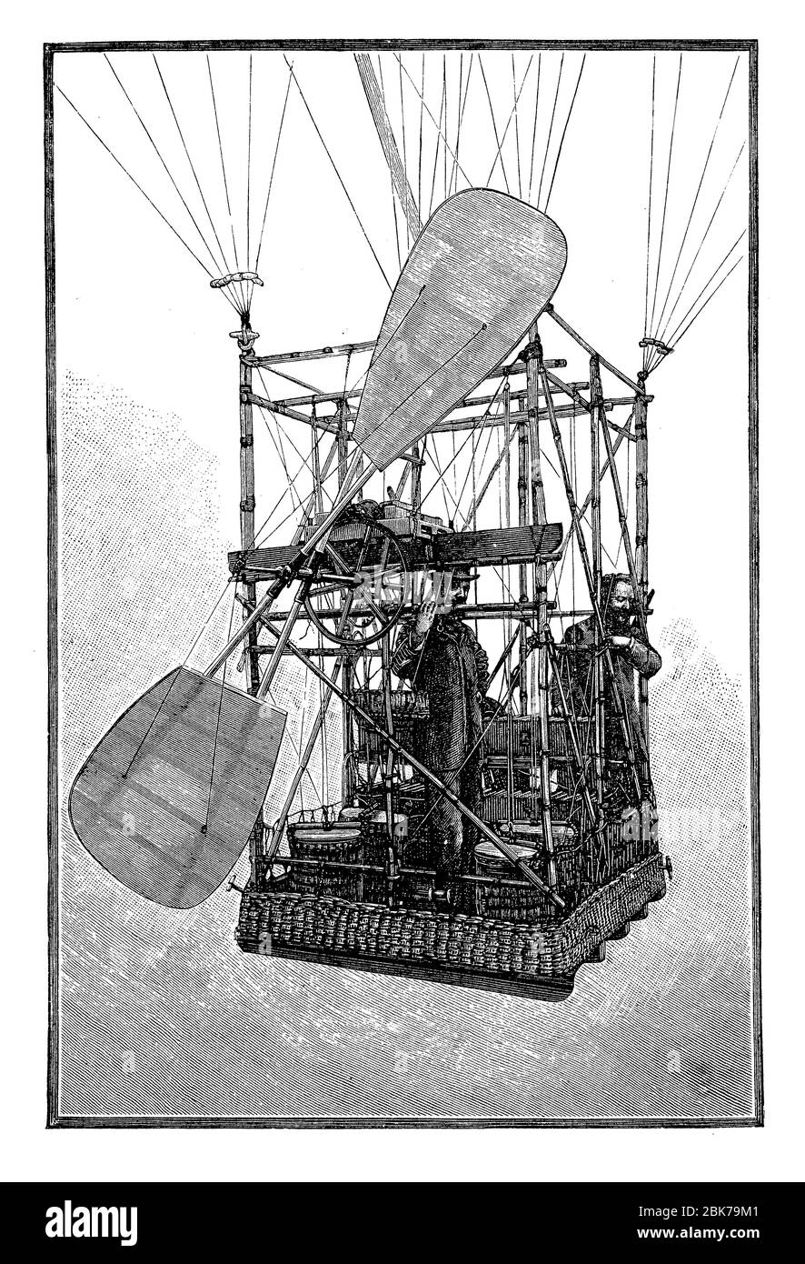 Elektrisch betriebene Gondel 1883. Albert und Gaston Tissandier in ihrer elektrisch betriebenen Gondel im Jahr 1883, dem ersten elektrisch betriebenen Flug Stockfoto