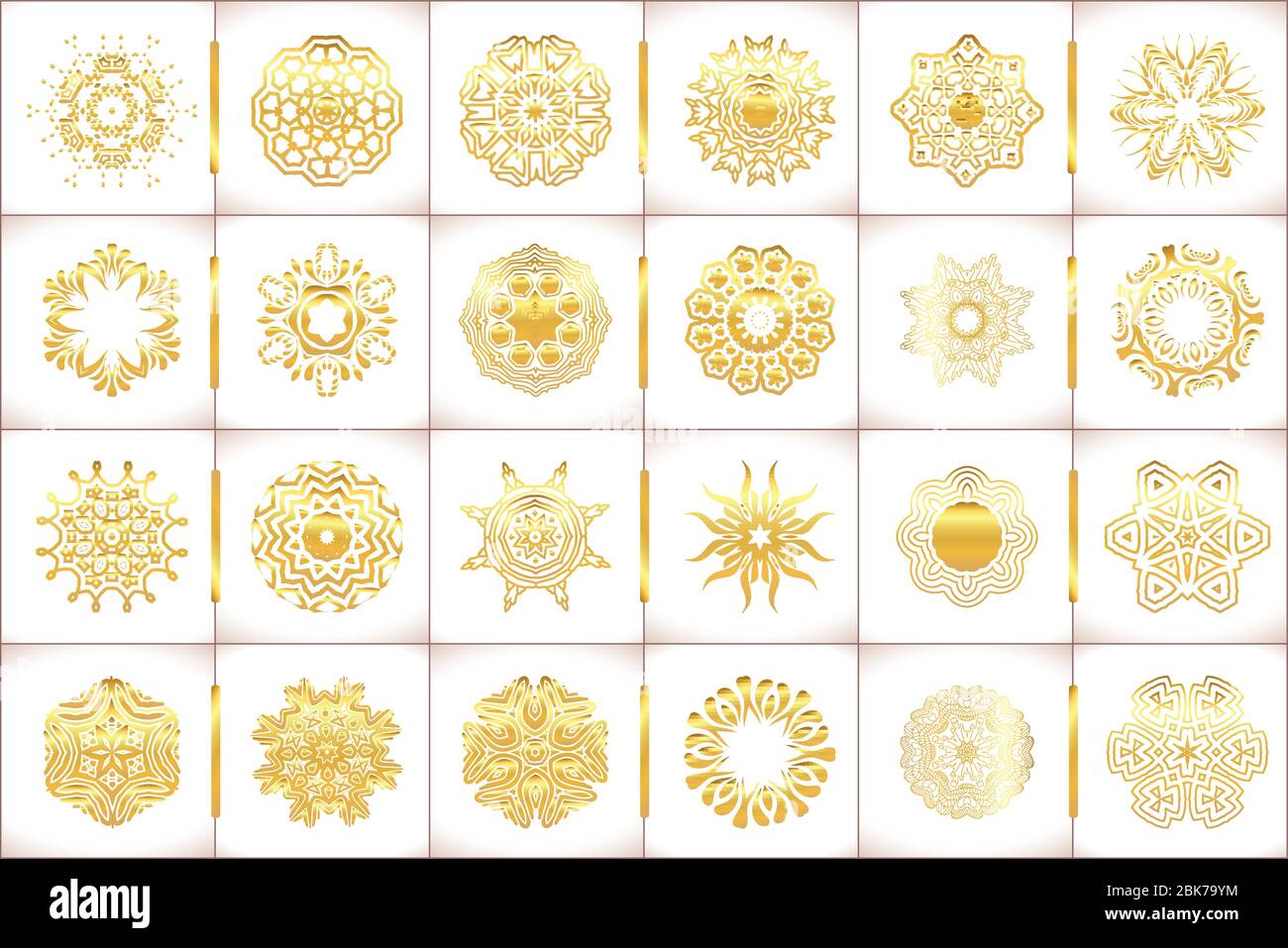 Vektor-Vorlagen mit Gold und weißem Mandala. Geometrisches Logo Vorlage Set. Vektor Vorlagen für Hochzeit Design, Kaleidoskop, Medaillon, indien, Ara Stock Vektor