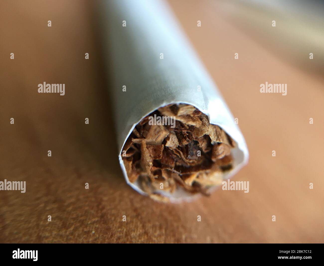 Makro-Fotografie von Zigarette, Schwerpunkt auf Tabak in der Zigarette. Stockfoto