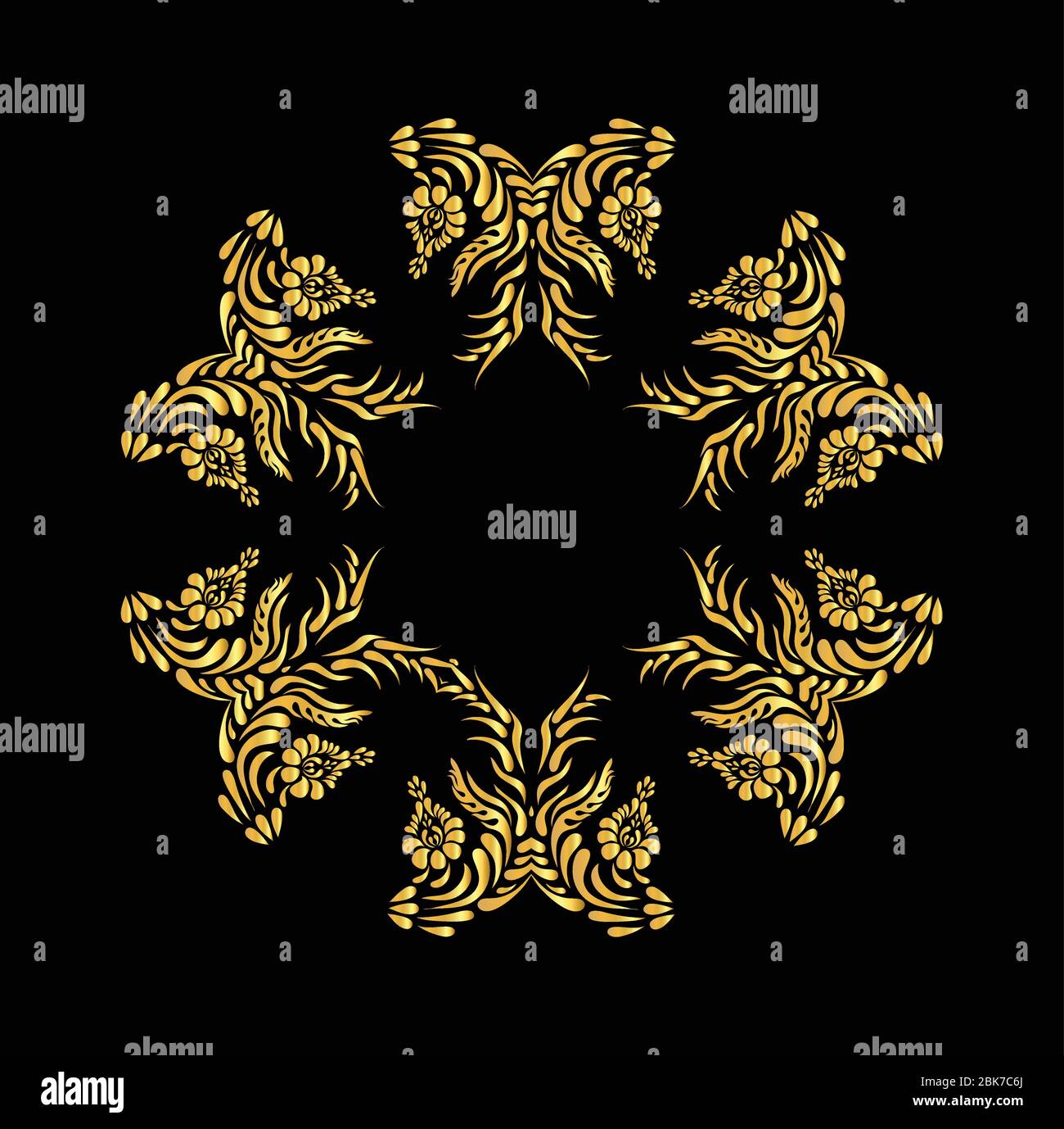 Goldene Blüten auf schwarzem Hintergrund. Goldfarbenes Vintage-Blumenmuster Stock Vektor