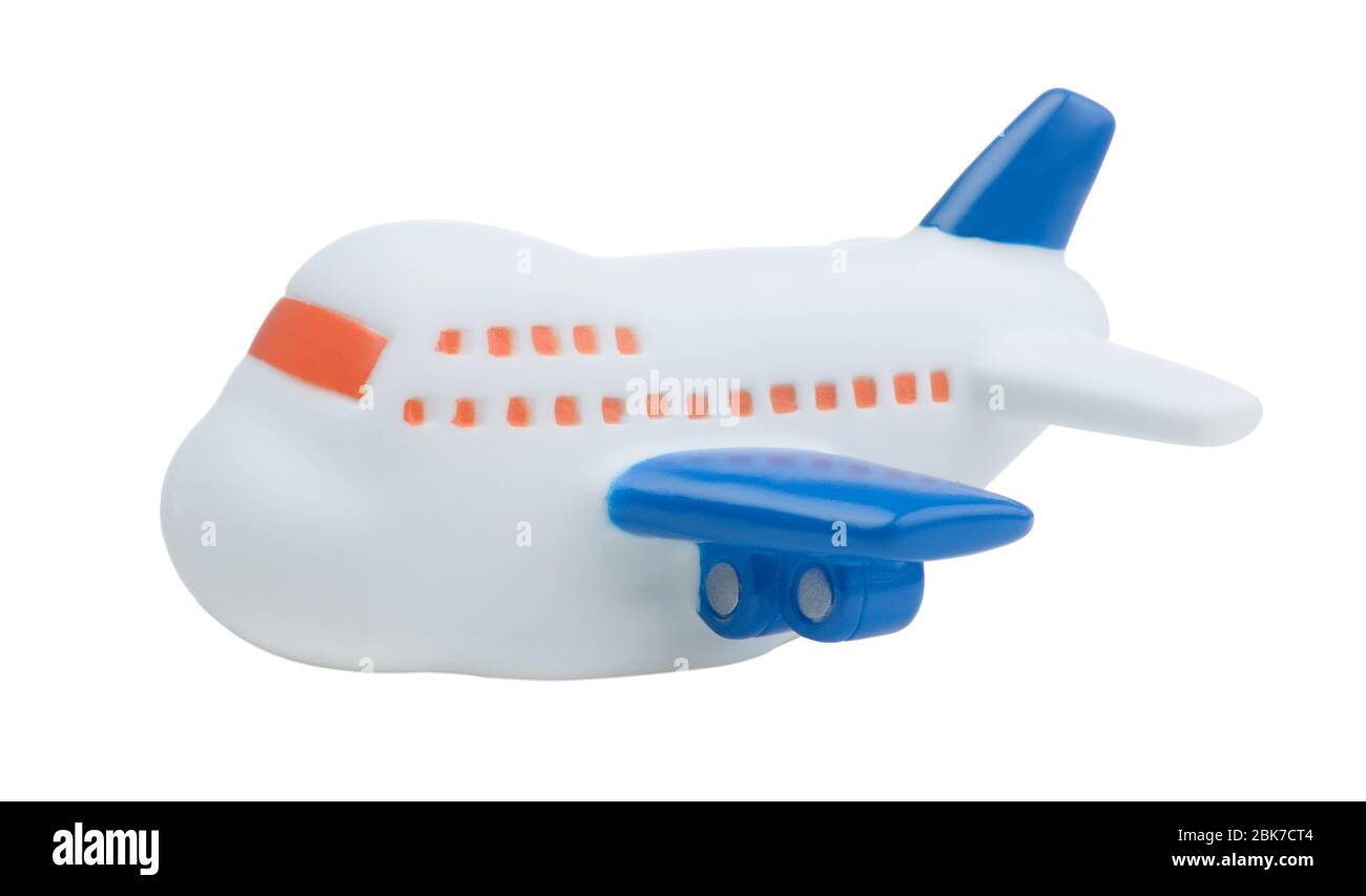 Kleines Spielzeugflugzeug isoliert auf weißem Hintergrund. Stockfoto