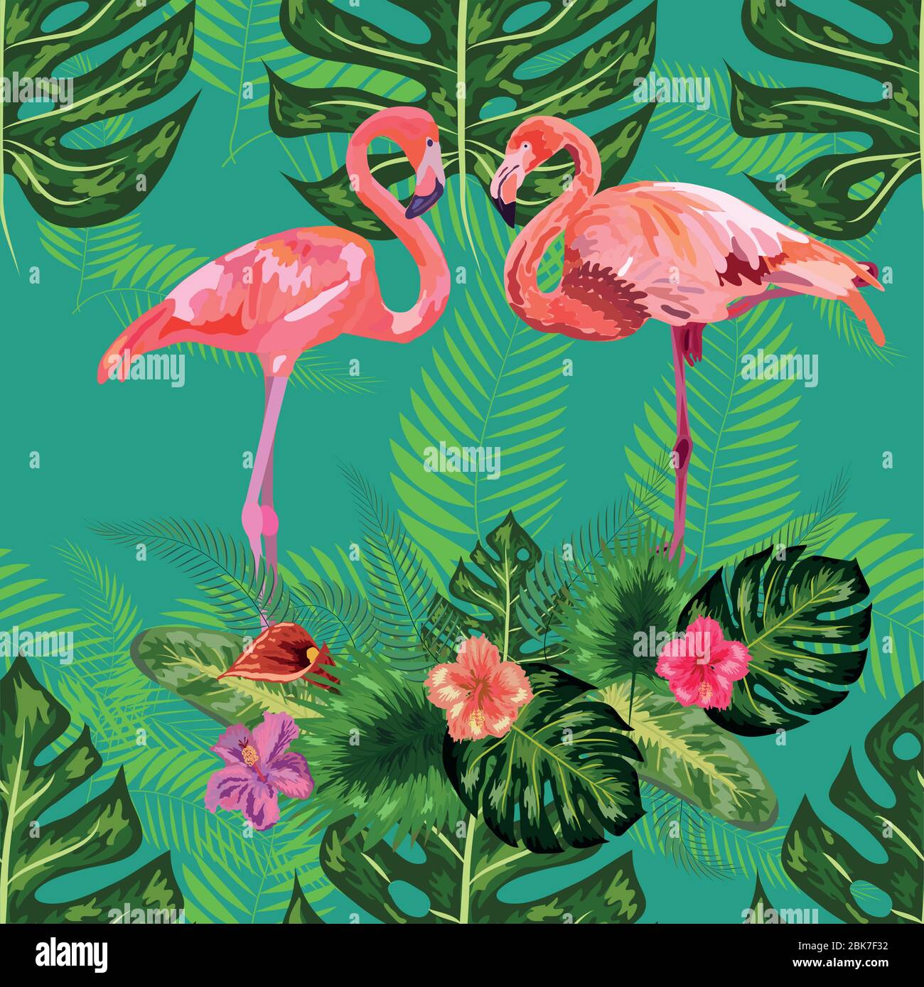 Leuchtend grüne tropische Dschungel Regenwald Palmenblätter. Rosa exotischen Flamingo watenden Vögel paar. Nahtlose Musterstruktur Stock Vektor