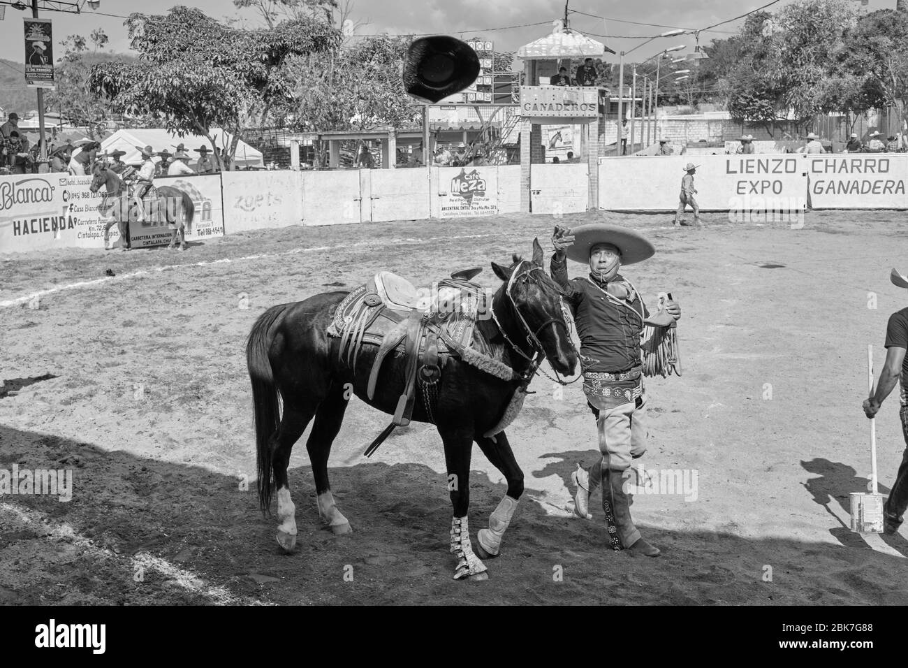 Publikum jubelt die Cowboys nach einem tollen Auftritt während einer Charreria an. Nach der Tradition wirft das Publikum die Hüte und andere Gegenstände in der r Stockfoto