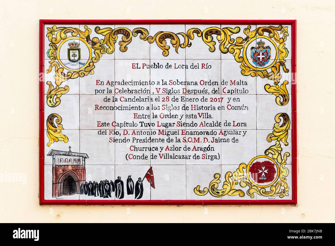 LoRa del Rio, Spanien. Gedenktafel des Souveränen Malteserordens in dieser Stadt in Andalusien Stockfoto