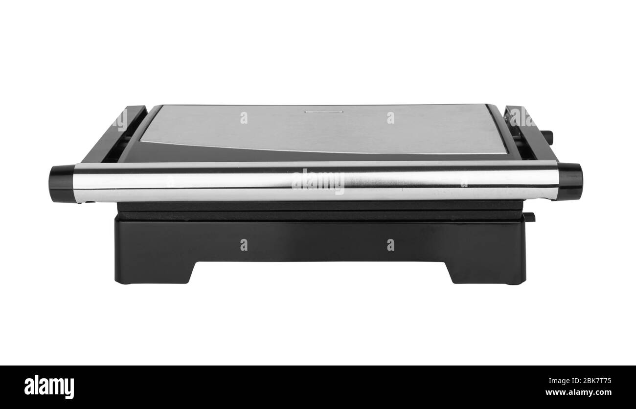 Elektrischer Grill auf weißem Hintergrund Stockfoto