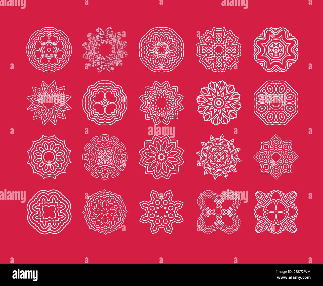 Schneeflocken auf rotem Hintergrund gesetzt. Sammlung von Vektor-Schneeflocken. Stock Vektor