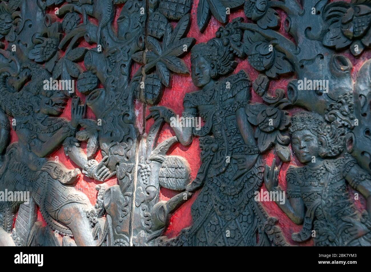 Geschnitzte Holzfenster im Le Mayeur Museum Sanur Bali Indonesia Stockfoto