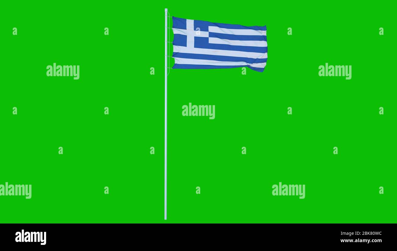 Griechische Flagge winkt auf Wind auf blauem Bildschirm oder Chroma-Taste Hintergrund. 3d-Rendering. Stockfoto