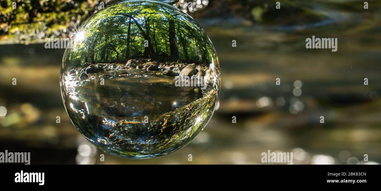 Frisches, klares Flusswasser im Wald in einer Kristallkugel. Sonniger Frühlingstag. Die Zukunft der Natur. Stockfoto