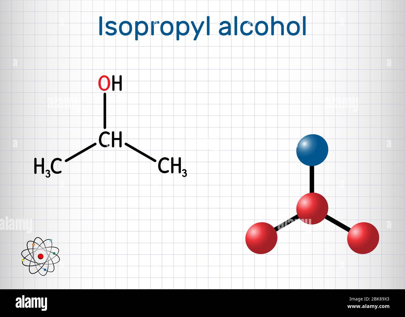 Isopropylalkohol, 2-Propanol, Isopropanol, C3H8O-Molekül. Es ist Isomer von Propylalkohol, als Antiseptikum in Desinfektionsmitteln, Reinigungsmitteln verwendet. Blatt von Stock Vektor