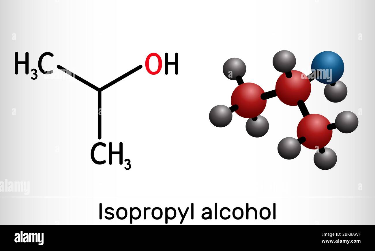 Isopropylalkohol, 2-Propanol, Isopropanol, C3H8O-Molekül. Es ist Isomer von Propylalkohol, als Antiseptikum in Desinfektionsmitteln, Reinigungsmitteln verwendet. Structura Stock Vektor