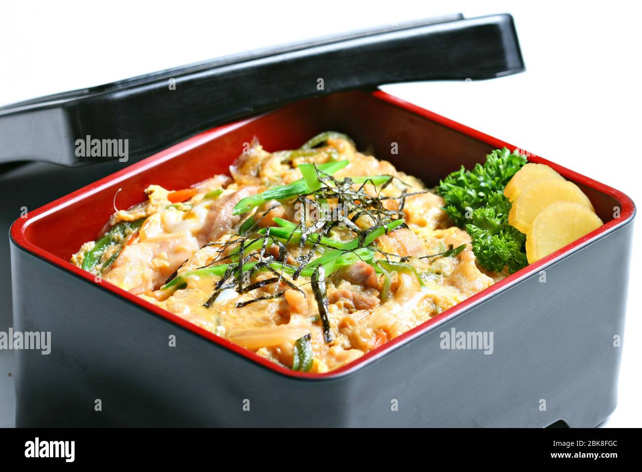 Oyakodon oder Oyako Toji donburi, japanische Chicken Braises Sojasauce mit aufgeschlagenem Ei auf Reis Stockfoto