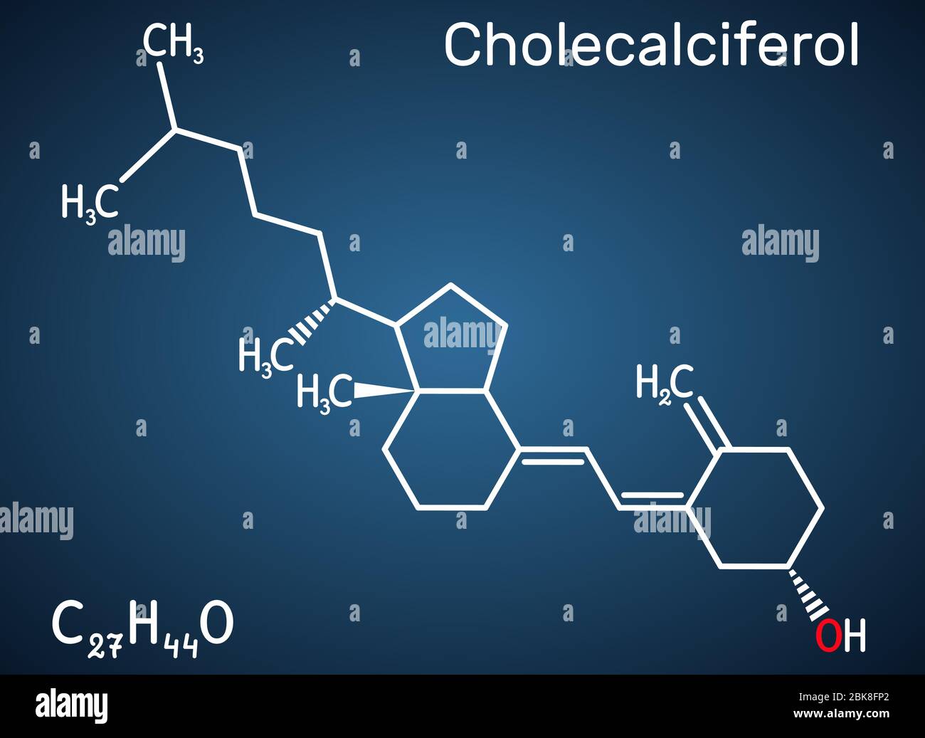 Cholecalciferol, Colecalciferol, Vitamin D3, C27H44O Molekül. Strukturelle chemische Formel auf dem dunkelblauen Hintergrund. Vektorgrafik Stock Vektor