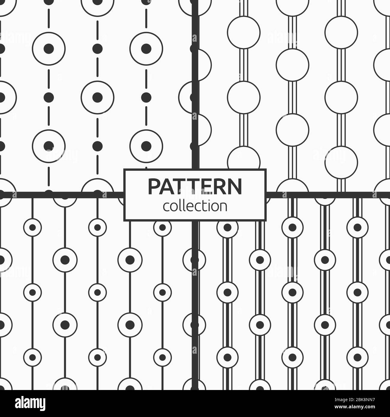 Set von vier abstrakten geometrischen nahtlose Muster der Symmetrie angeordnet Kreise, Punkte und Linien. Linearer Stil. Hintergründe für Stoff, Stoff, Textil. Stock Vektor