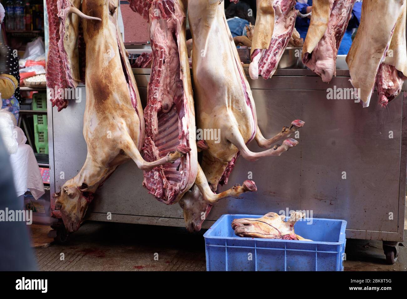 Ziegenschlachtkörper hängen an einem nassen Markt Metzger in Kunming, China Stockfoto