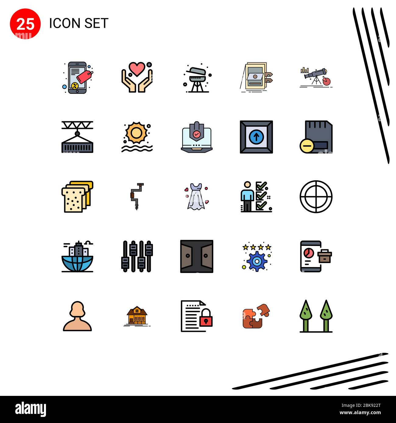 25 Kreative Symbole Moderne Zeichen und Symbole der Finanzen, Dateien, Kochen, System, Buchhaltung editierbare Vektor-Design-Elemente Stock Vektor