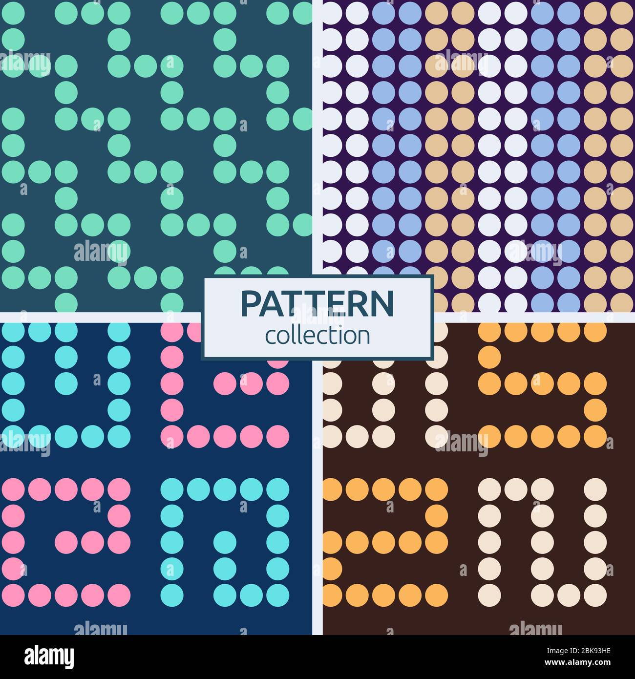 Set von vier abstrakten kleinen Kreisen nahtlose Muster. Gruppen von Kreisen. Mit Punktmuster. Moderne, stilvolle Texturen. Für Stoff, Design, Stoff. Vektor Stock Vektor