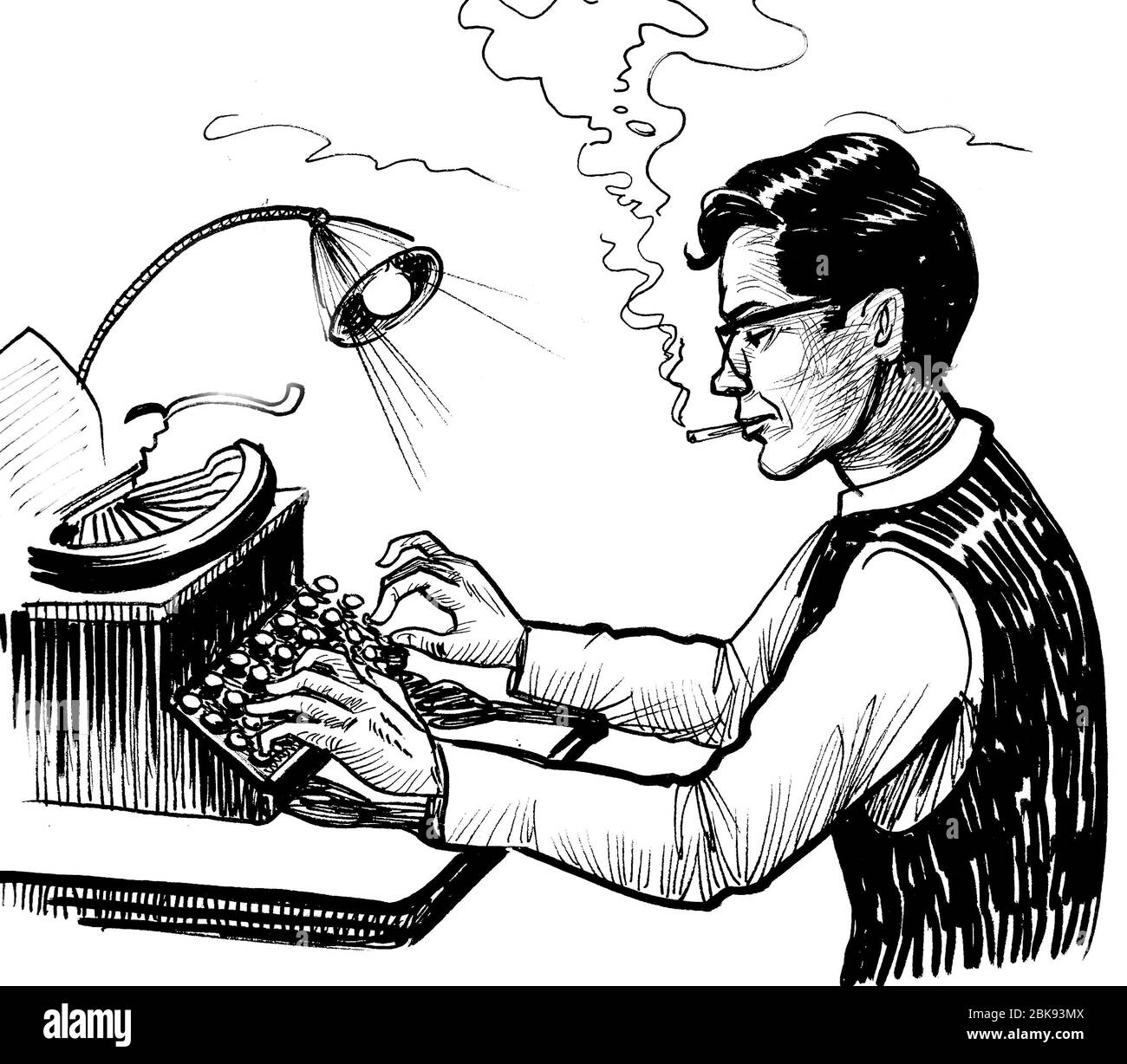 Junger Mann in Brille, der auf Retro-Schreibmaschine tippt. Tinte schwarz-weiß Zeichnung Stockfoto