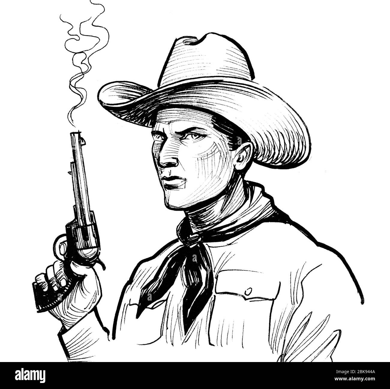 Cowboy-Charakter mit einem rauchenden Revolver Pistole. Tinte schwarz-weiß Zeichnung Stockfoto