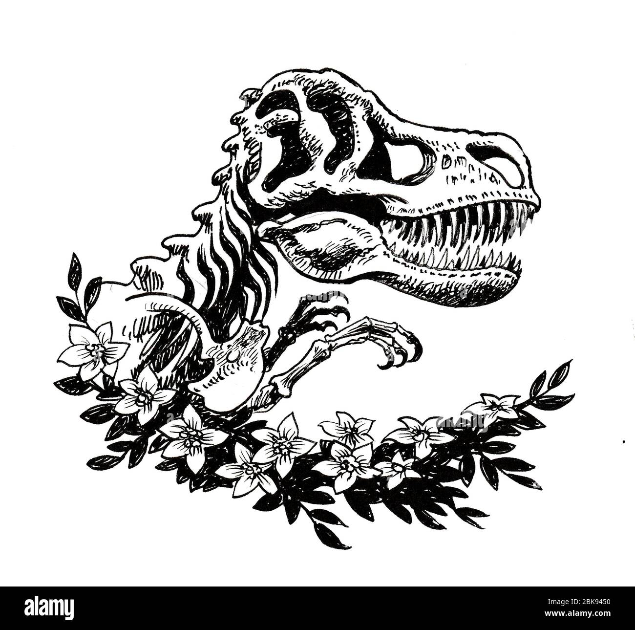 Tyrannosaurus Rex Dinosaurier Skelett und Blumen. Tinte schwarz-weiß Zeichnung Stockfoto