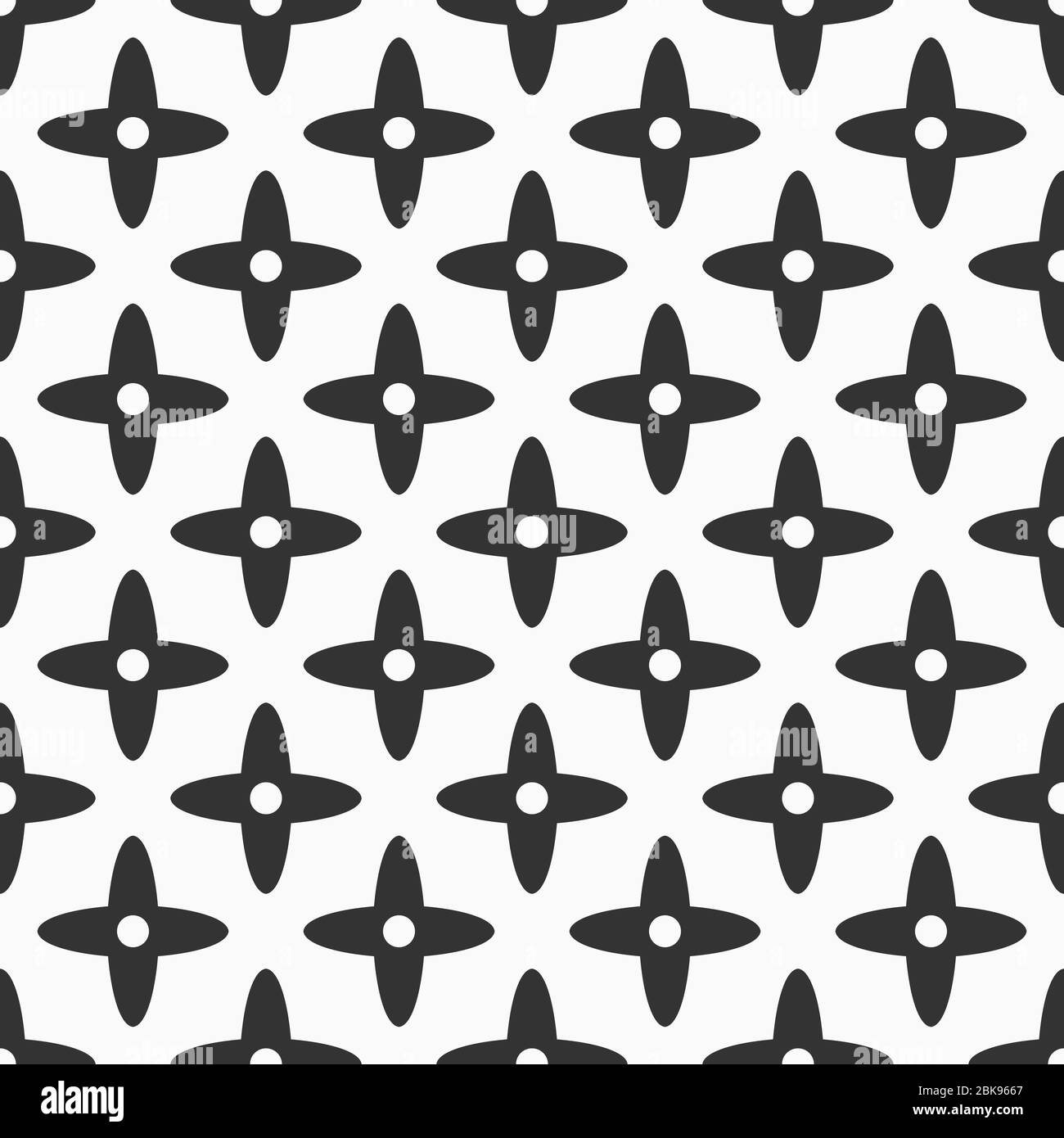 Abstraktes geometrisches Muster mit nahtlosen Kreuzen. Abgerundete Formen mit einem Punkt in der Mitte. Sich wiederholende Ornamente. Vektor monochromer Hintergrund. Stock Vektor