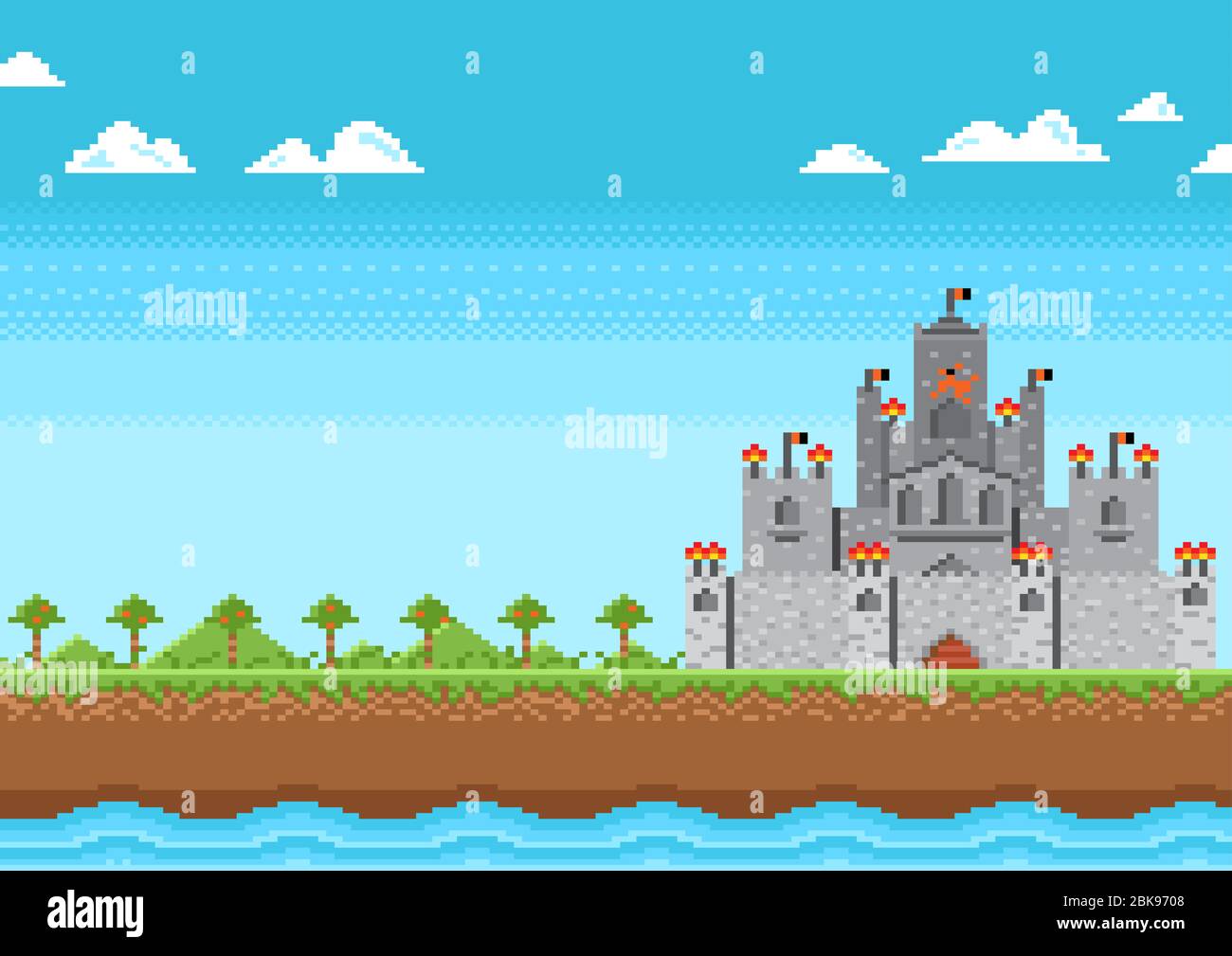 Burg des Ritters auf Natur Hintergrund im Spiel Pixel-Stil. Stockfoto