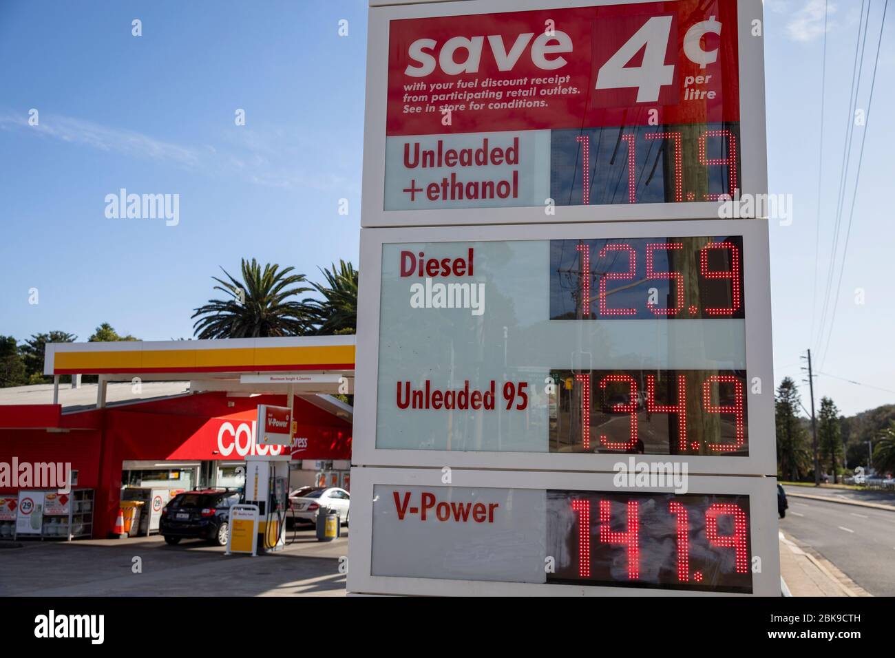 Australien Coronavirus-Pandemie hat einen Rückgang der Kraftstoffpreise im ganzen Land gesehen, da die Nachfrage sinkt, Mai 2020 Kraftstoffpreise in Sydney, Australien Stockfoto