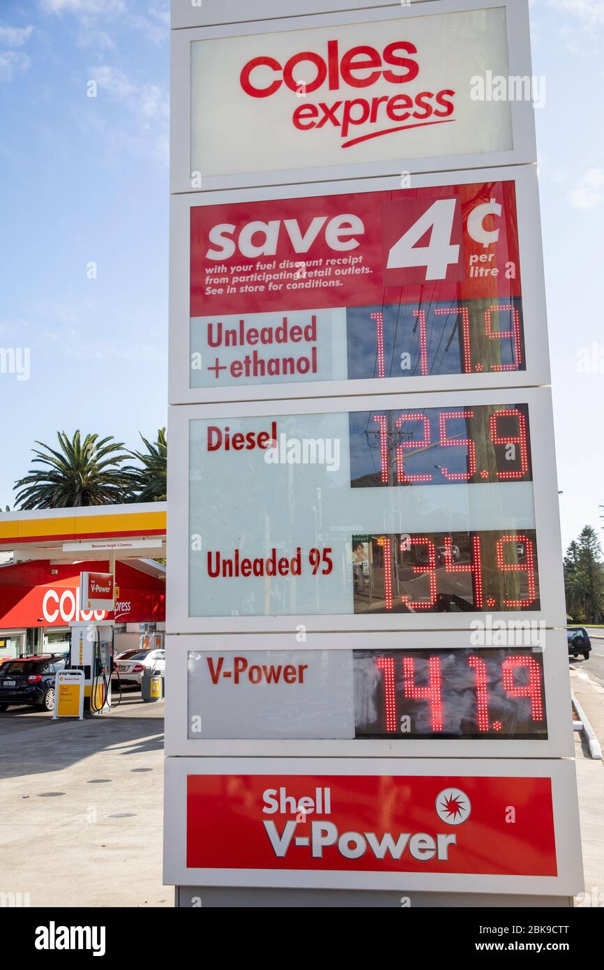 Australien Coronavirus-Pandemie hat einen Rückgang der Kraftstoffpreise im ganzen Land gesehen, da die Nachfrage sinkt, Mai 2020 Kraftstoffpreise in Sydney, Australien Stockfoto