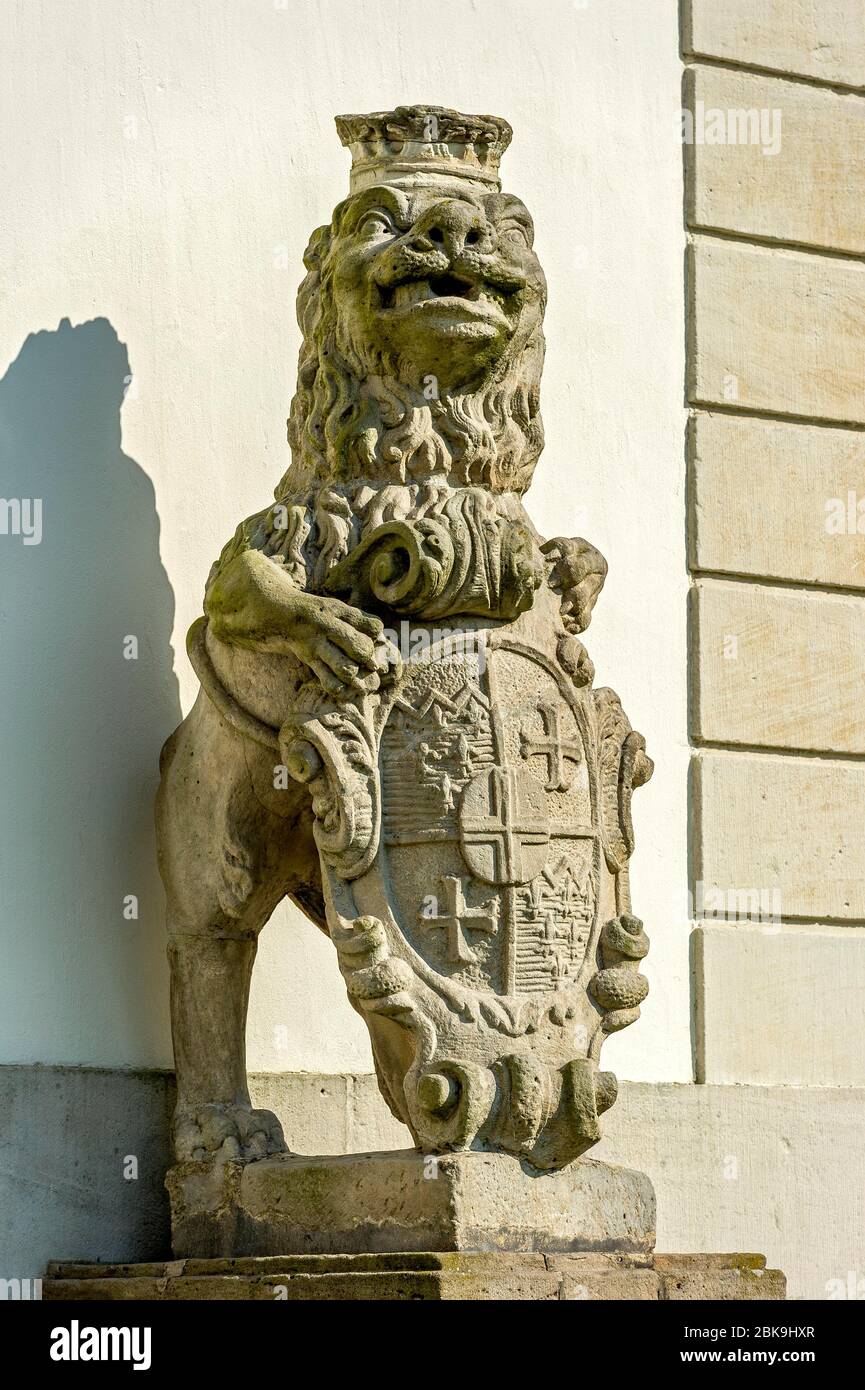 Skulptur eines Löwen mit Schild des Prinzabtes Adolf von Dalberg im Festsaal, Ehrenhof, Barockschloss Fasanerie, Eichenzell Stockfoto