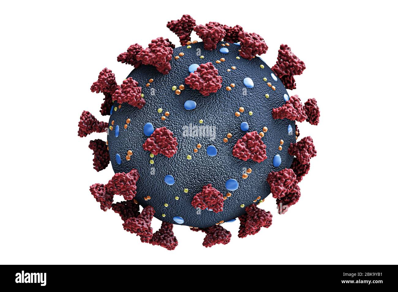Coronavirus oder Covid-19-Viruszelle wissenschaftliches Strukturmodell auf weißem Hintergrund isoliert. Mikrobiologie, Wissenschaft, Medizin, Biomedizin, Biologie, vi Stockfoto
