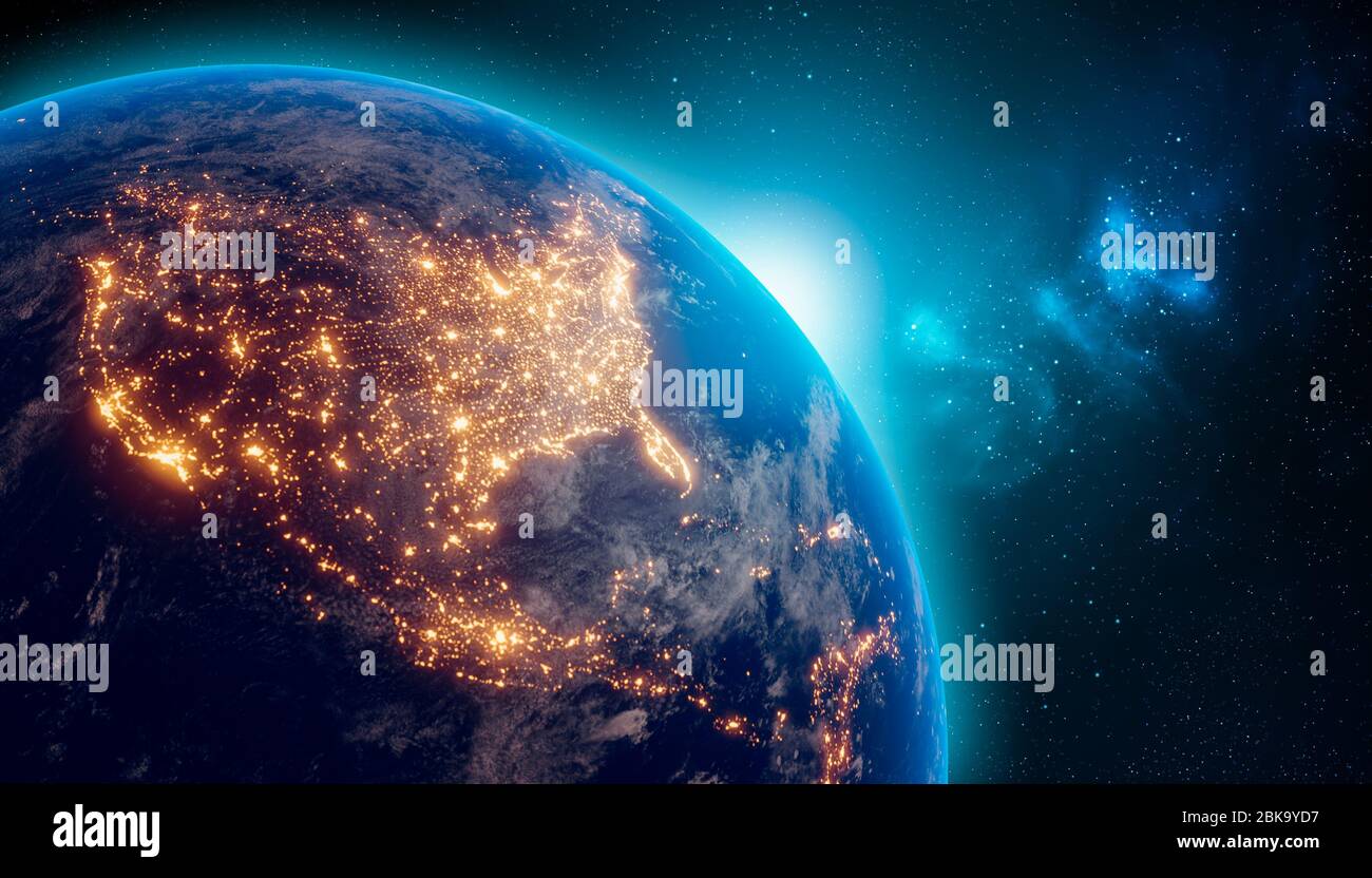 Erde in der Nacht aus dem Weltraum mit Stadtlichtern auf dem nordamerikanischen Kontinent. 3D-Rendering-Illustration. Die von der NASA bereitgestellte Textur der Erdkarte. Energiebedarf Stockfoto