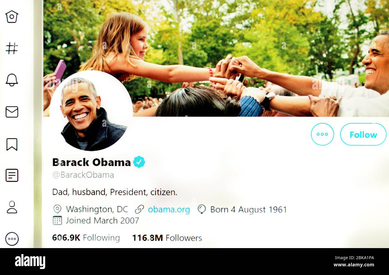 Twitter-Seite (Mai 2020) : Barack Obama, ehemaliger US-Präsident Stockfoto