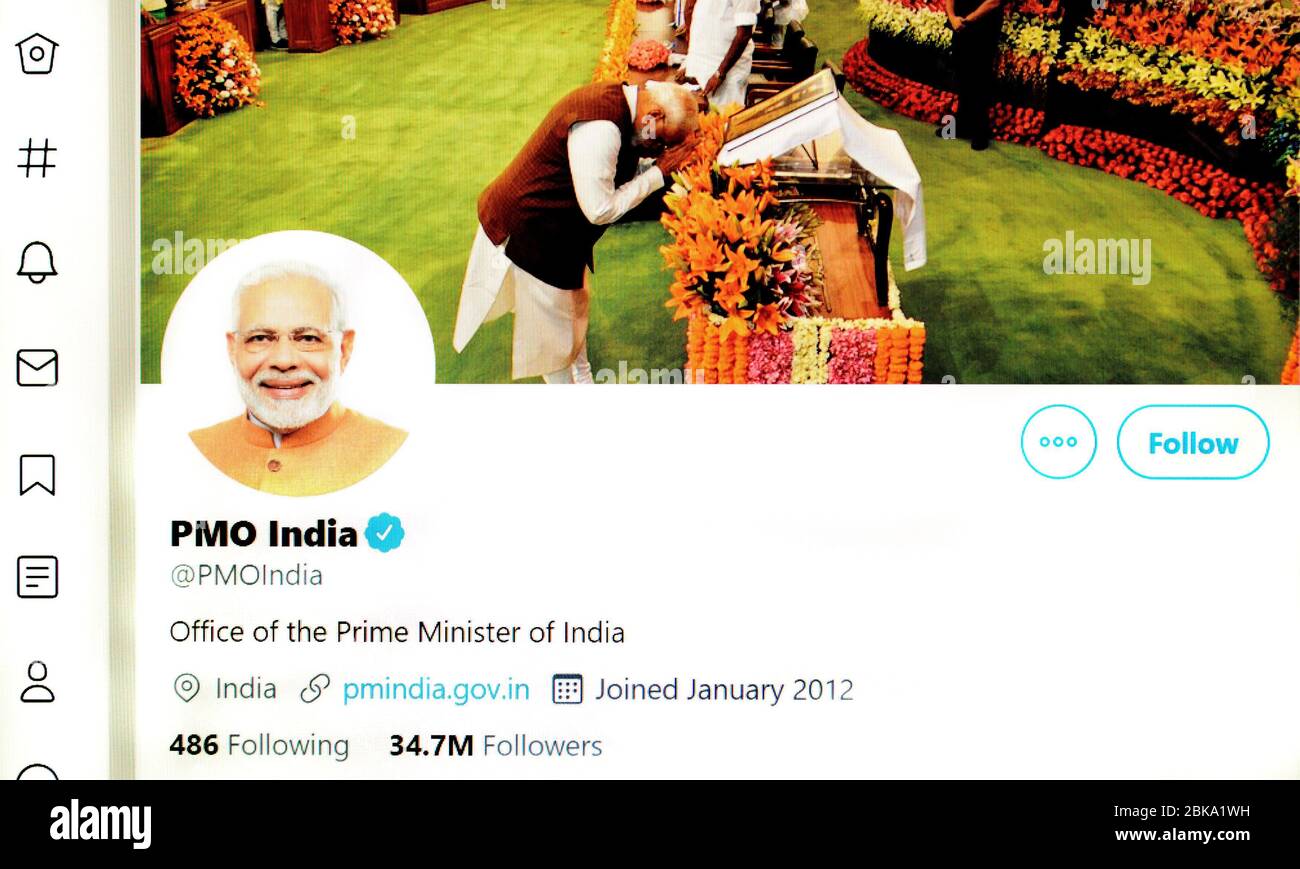 Twitter-Seite (Mai 2020) : PMO Indien - Büro des Premierministers Stockfoto