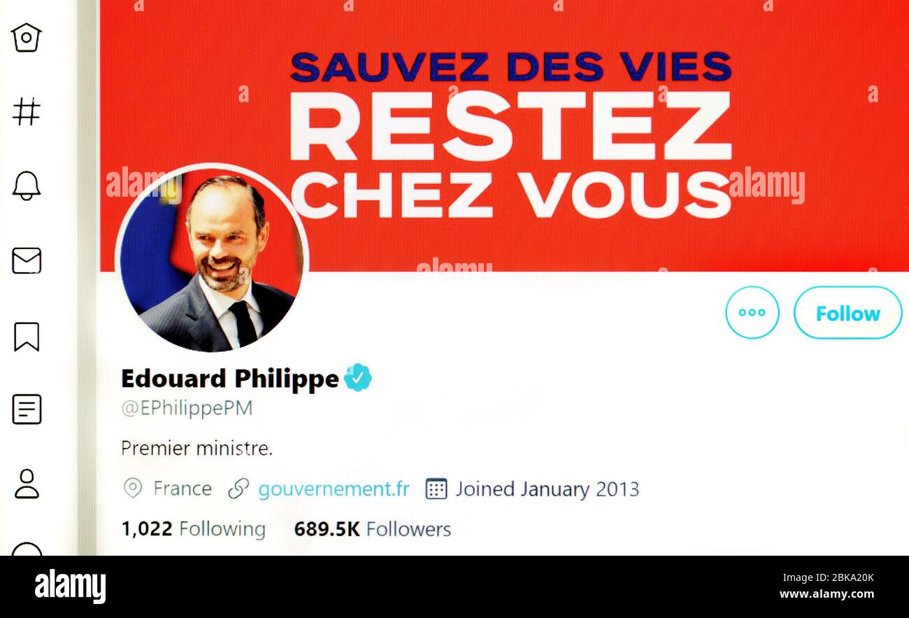 Twitter-Seite (Mai 2020): Edouarde Philippe, französische Premierministerin Stockfoto