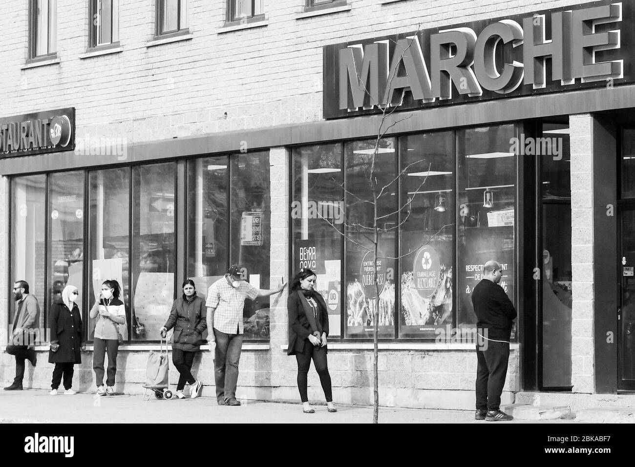 Menschen Schlange vor Supermarkt unter Wahrung der sozialen Distanz in der Einwanderer-Arbeitsviertel Park Extension in Montreal Kanada Stockfoto