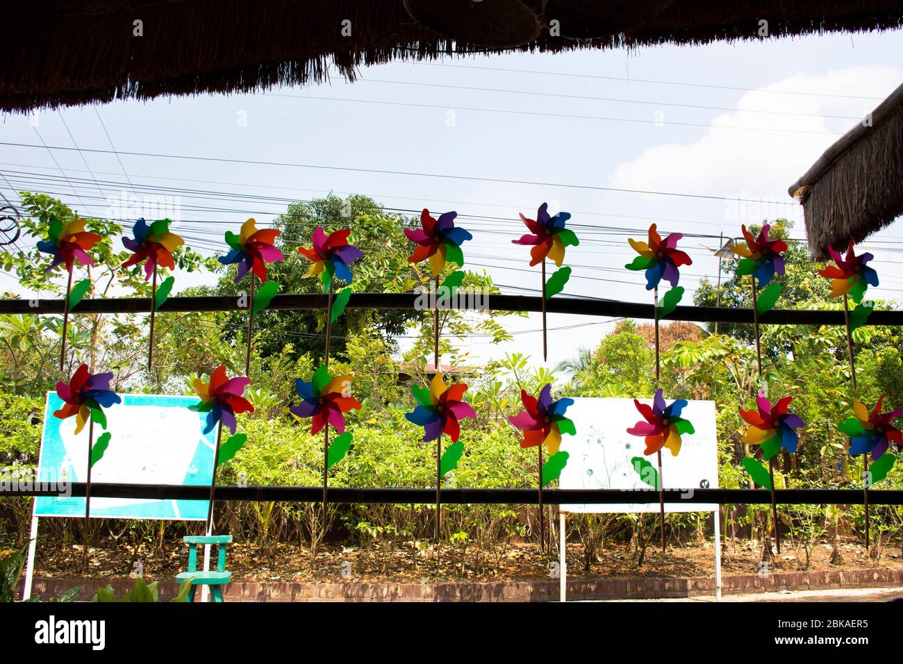 Bunte Pinwheel und Windmühle Spielzeug aus Kunststoff-Flasche Recycling im Garten im Freien in Thailand Stockfoto