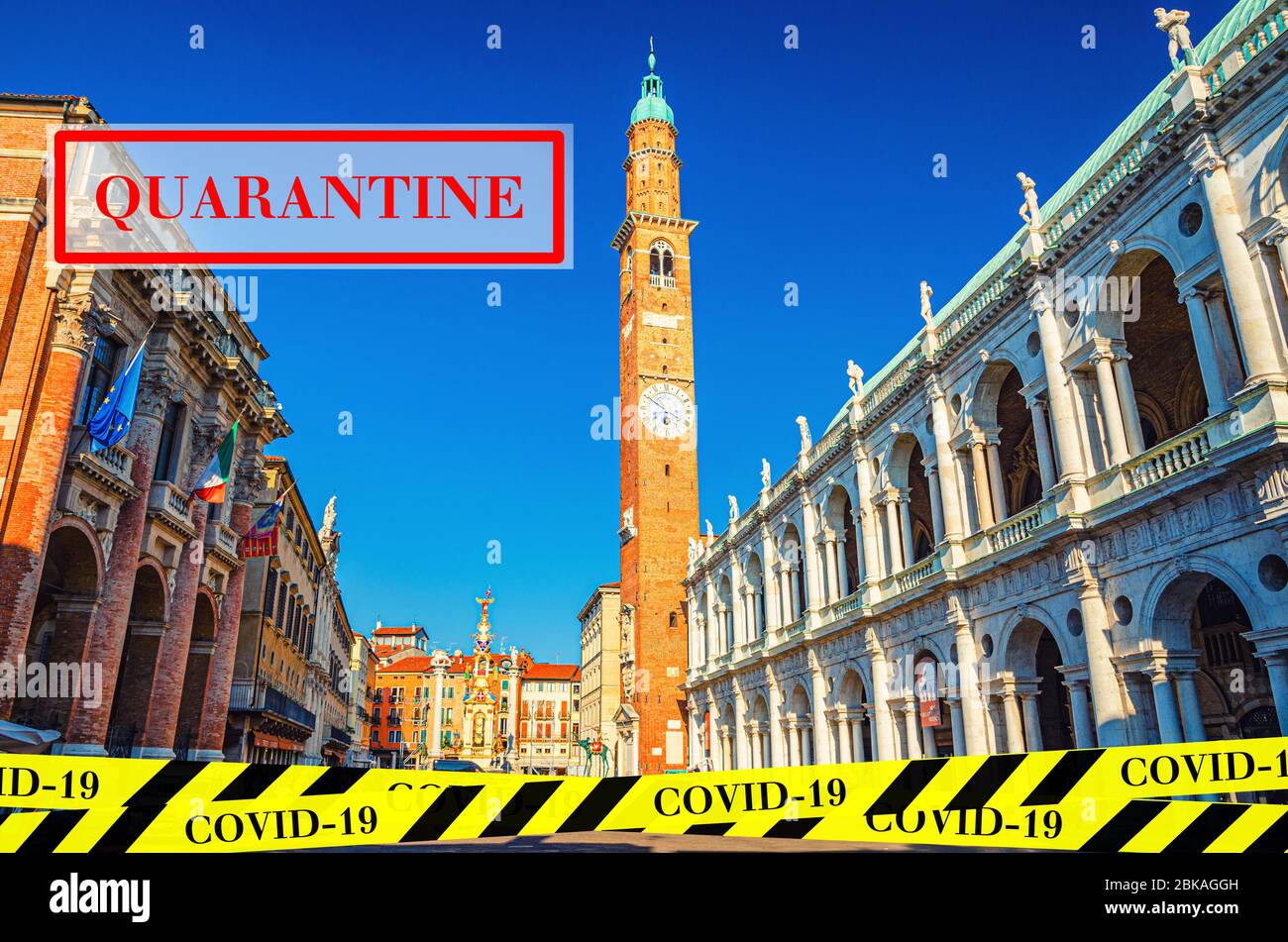 Quarantäne in Italien. Luftaufnahme des historischen Stadtzentrums von Vicenza. Kein Reise- und Sperrkonzept. Coronavirus Ausbruch Covid-19 Pandemie Konzept. Urlaub storniert. Gelbes schwarzes Klebeband. Stockfoto